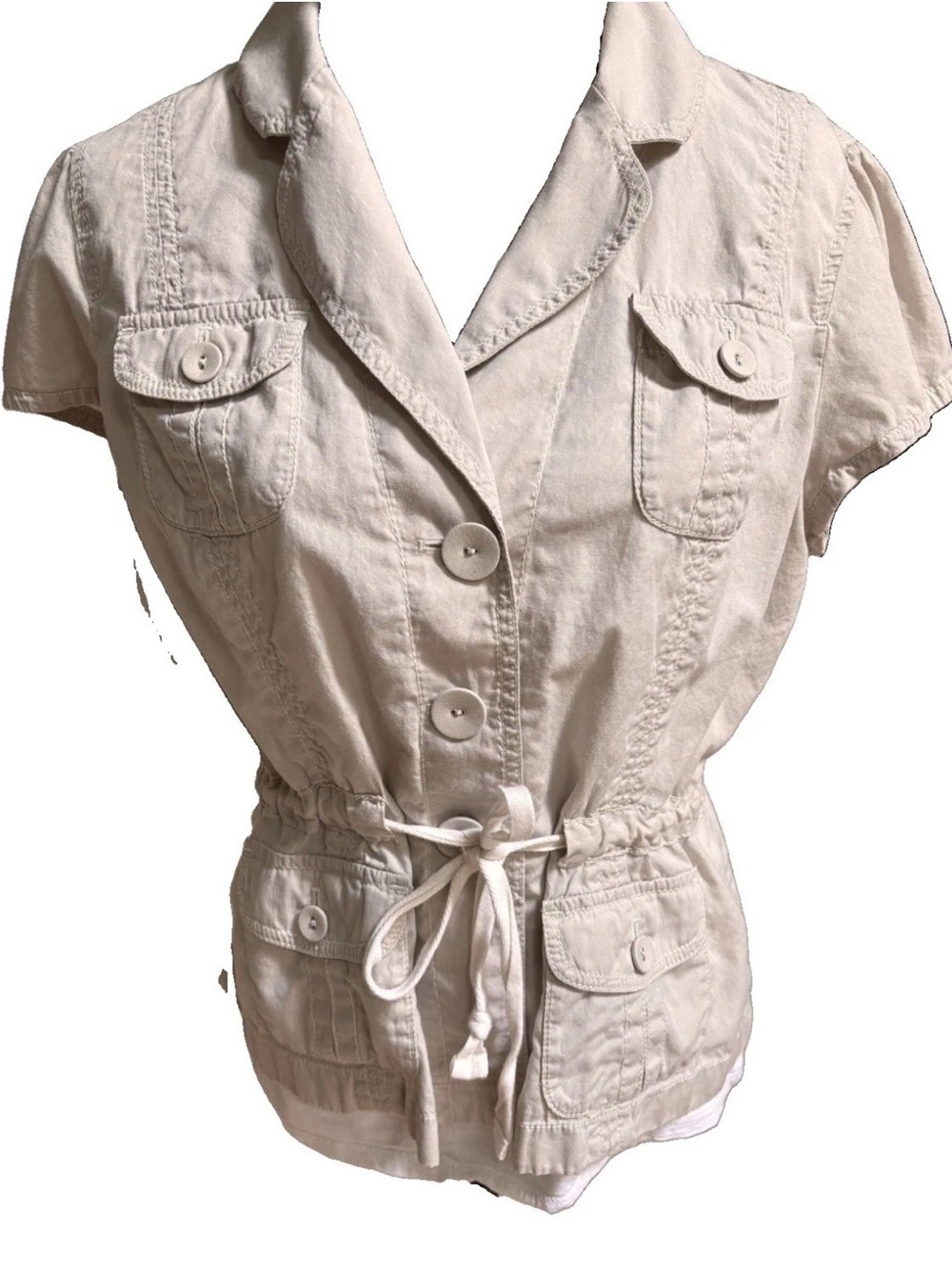 Ann Taylor LOFT Beige Short Sleeve Casual Belted Cotton Shirt Jacket Size Large